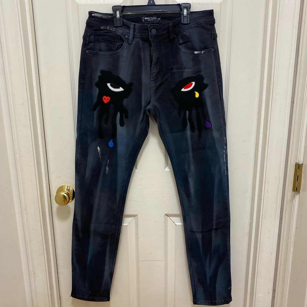 ROKU STUDIO TEAR DRIP CLOUD DENIM PANTS BLACK 32X32